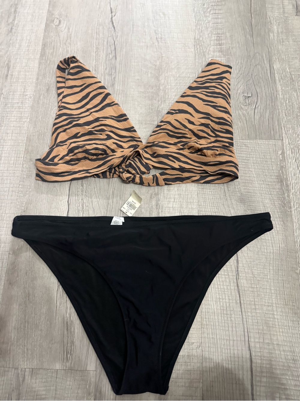American Eagle Outfitters Tan Zebra Triangle Bikini Top with Black Bottoms